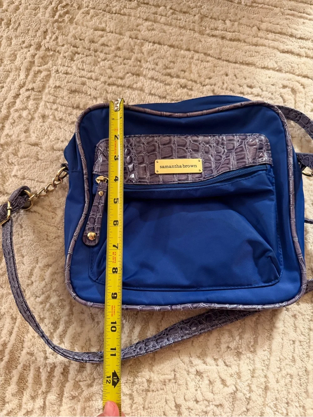 Samantha Brown Blue Crossbody Bag with Croc-Embossed Trim